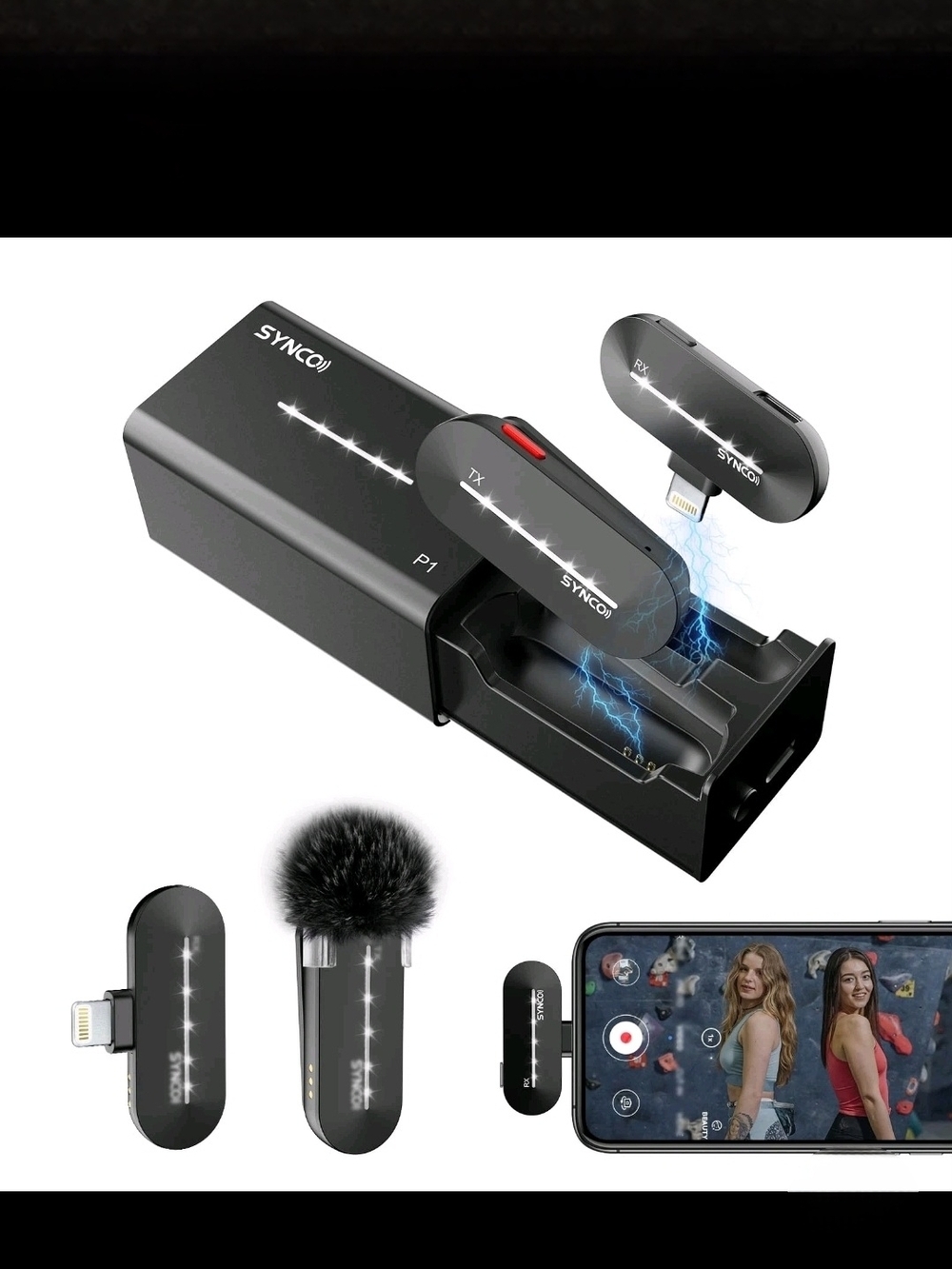 Black Wireless Lavalier Microphone System for Smartphones